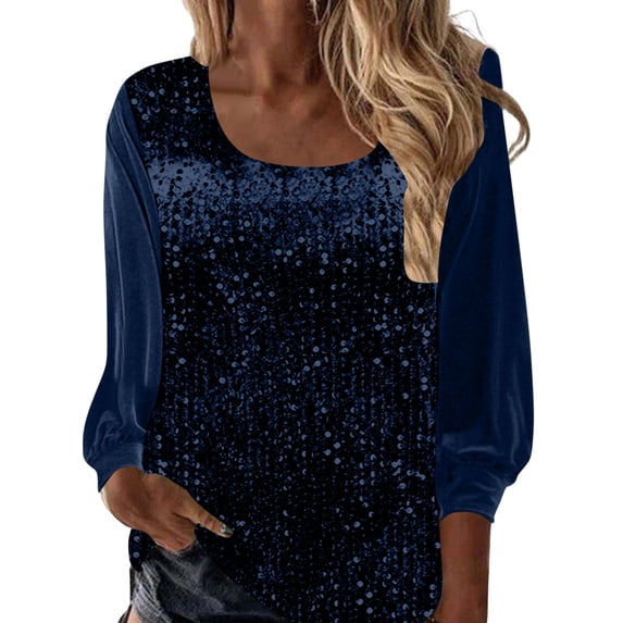 SELONE Blouses for Women Long Sleeve Sequins Loose Shirt Crewneck Formal Pullover Outfits Fall Winter Blue S