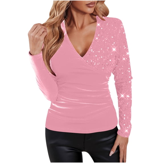 SELONE Blouses for Women Long Sleeve Sequins Velvet Tops V Neck Formal Pullover Soild Outfits Fall Winter Pink S
