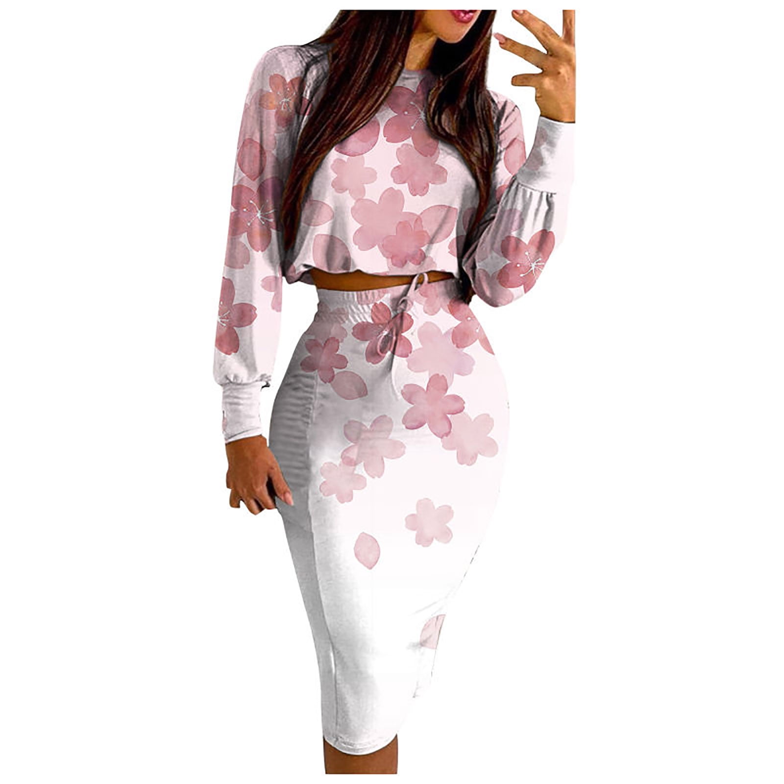 SELONE Bodycon Dresses for Women 2 Piece Outfits Summer Skirt Set Printed  Casual Solid Color Round Neck Long Sleeve + Slit Skirt Suit 39-Pink S 