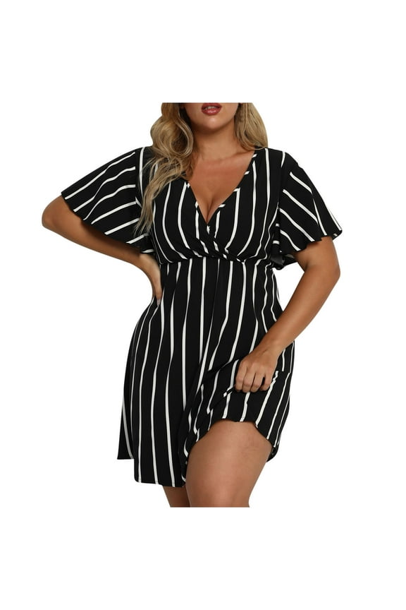 Boho Dress for Women Plus Size Dress for Women Graphic Casual Short Sleeve V Neck Trendy Boho Loose Fit Summer Fashion Beach Classy Soft Summer Dresses for Women Beach Dresses Black XXXL