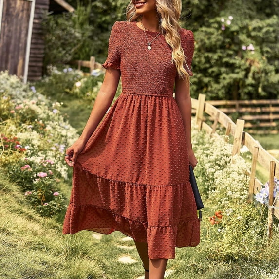 SELONE Boho Dresses for Women 2023 Casual Casual Short Sleeve Fashion Round Neck Solid Leisure Vacation Midi Dresses for Women Plus Size Dress for Everyday Wear Beach Vacation Day to Night Orange M