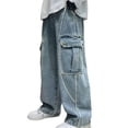 thumbnail image 1 of SELONE Boys Cargo Jeans Kids Straight Leg Jeans Cute Denim Pants Soild Casual Trousers with Pockets 4-15Y Blue, 1 of 8