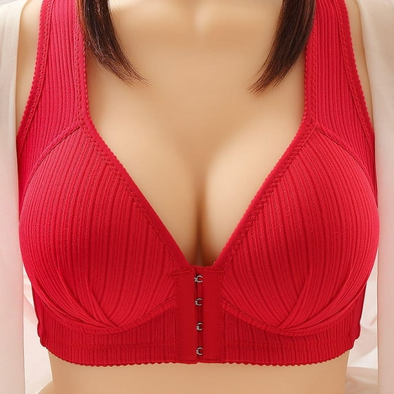 SELONE Bras for Women Push Up No Underwire Plus Size Front Closure Front Clip Zip Front Front Snap Front Hook Close Everyday for Elderly Sagging Breasts Soild Wire Free One Piece Front Buckle Red