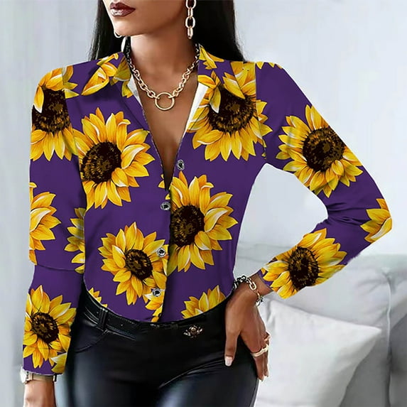 SELONE Button Down Shirts for Women Long Sleeve Lapel Blouses Fashionable Tops Sunflower Graphic Jacket Regular Fit Cover Ups Hip Fall Clothes Business Work Tops Fashion Clothes
