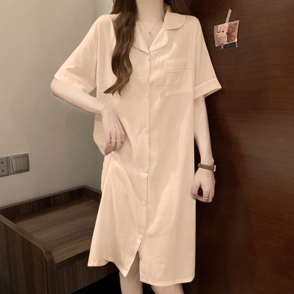SELONE Button down Nightgowns for Women Plus Size Collare Sleepshirt Short Sleeve Midi Dress Soft Homewear with Pickets