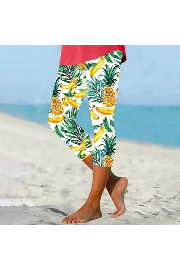 Capri Leggings for Women Plus Size High Waist Gym Leggings Summer Pants Curvy Slim Casual Vacation Pants Pull on Hawaiian Soft Yoga Lightweight Comfy Multicolor 2XL Breathable Beach Pants