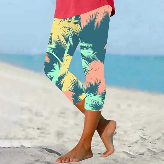 SELONE Capri Leggings for Women Plus Size High Waisted Gym Leggings Summer Pants Curvy Slim Casual Vacation Pants Pull on Hawaiian Yoga Lightweight Comfortable Multicolor 3XL Breathable Beach Pants