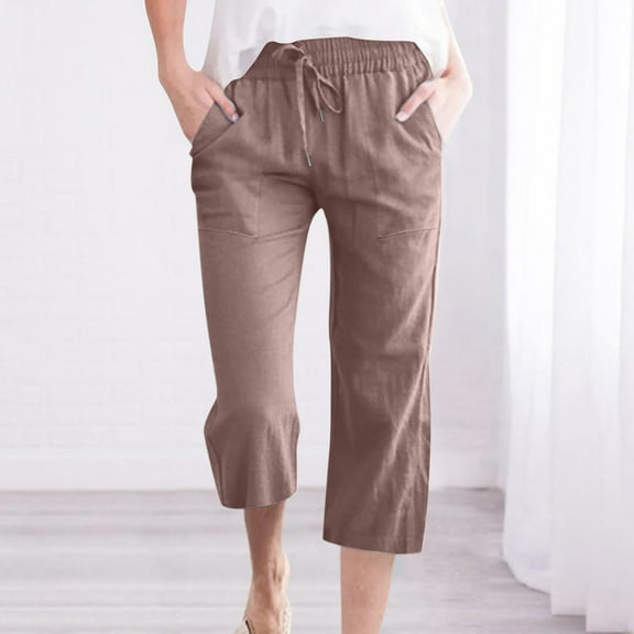 SELONE Capri Pants for Women with Pockets Plus Brown Plus Size Lounge Pants Cotton Linen Elastic Waist Trouser Loose Casual Beach Pants Drawstring Solid Straight XL Breathable Summer Clothes