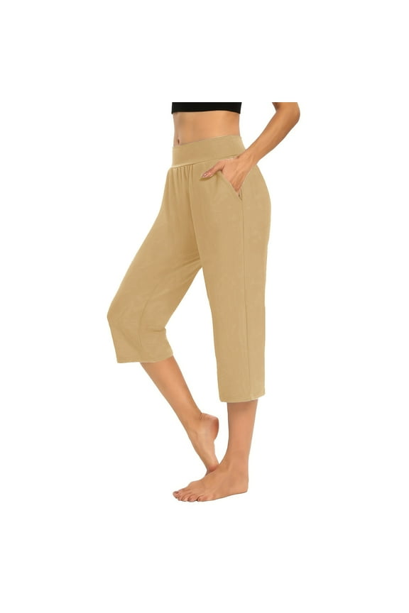 Capri Pants for Women with Pockets Plus Plus Size Workout Pants Elastic Waist Casual Workout Pants for Work out Pull on Solid Yoga Tapered Lightweight Khaki 3XL Breathable Gym Clothes