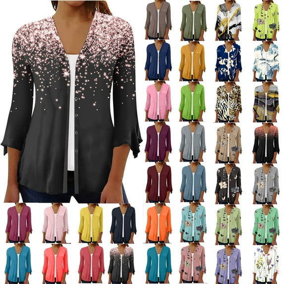 SELONE Cardgian for Women Summer Trendy 3/4 Sleeve Floral Printed Button Shirts Dressy Casual Plus Size Blouses Jacket Everyday Wear Beach Vacation Outfits Trendy Going Out Cardigan