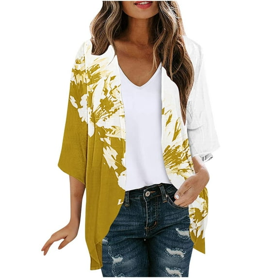 SELONE Cardigan for Women Dressy 3/4 Sleeve Plus Size Regular Open Front Cardigans Without Hoodie Flowers Lightweight Beach Vacation Wear Yellow M