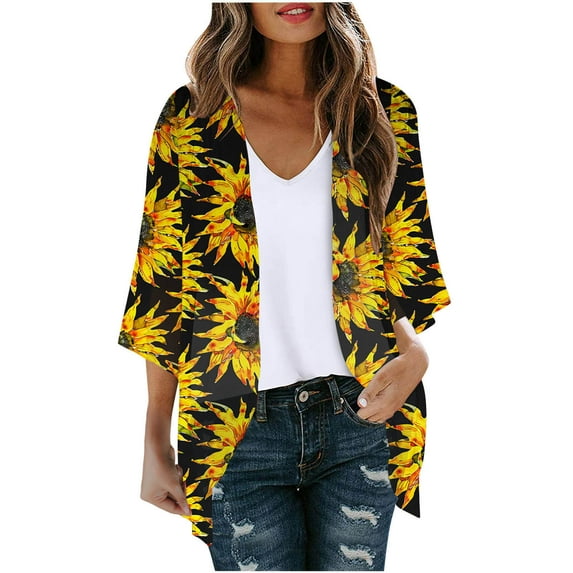 SELONE Cardigan for Women Dressy 3/4 Sleeve Regular Open Front Cardigans Without Hoodie Sunflower Lightweight Beach Vacation Wear Black 2XL