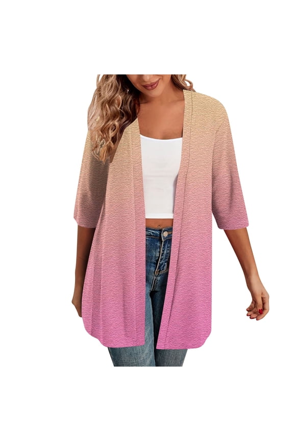 Cardigan for Women Dressy 3/4 Sleeve Tunic Open Front Cardigans Without Hoodie Gradient Lightweight Beach Vacation Wear Pink S