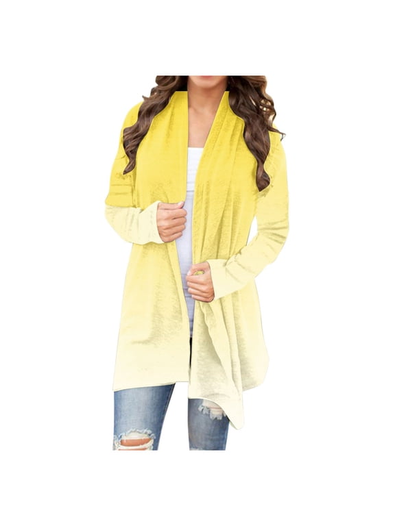 Cardigan for Women Dressy Long Sleeve Tunic Open Front Cardigans Without Hoodie Gradient Lightweight Beach Vacation Wear Yellow M
