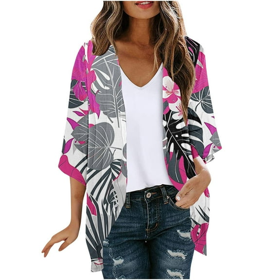 SELONE Cardigans for Women 3/4 Sleeve Plus Size Regular Open Front Cardigans Without Hoodie Hawaiian Lightweight Beach Vacation Wear Multicolor XL