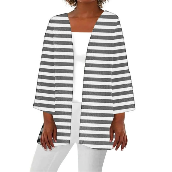 SELONE Cardigans for Women 3/4 Sleeve Regular Open Front Cardigans Without Hoodie Striped Lightweight Beach Vacation Wear Gray L
