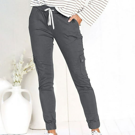 SELONE Cargo Pants Women High Waist With Pockets Elastic Waist Casual Long Pant Straight Leg Solid Pants Waistband Bandage Mid-Waist Pants Trousers for Everyday Wear Running Work Casual Dark Gray S