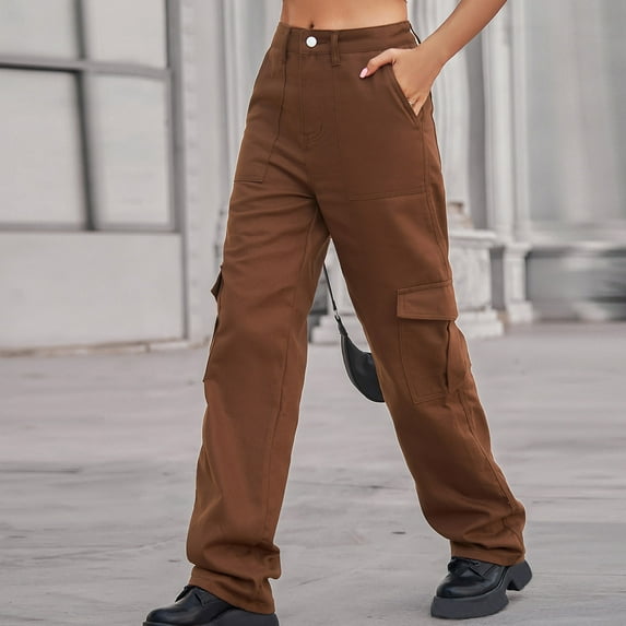 SELONE Cargo Pants Women With Pockets Denim Casual Long Pant Straight Leg Solid Pants Hippie Punk Trousers Jogger Loose Overalls s for Everyday Wear Running Errands Going to Work Casual Event Brown S