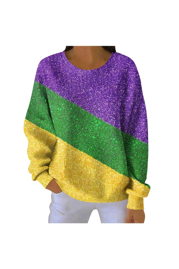 Carnival Tuesday Pullover Tops Women Glitter Stripe Pullover Long Sleeve Festive Wear Summer Outfit