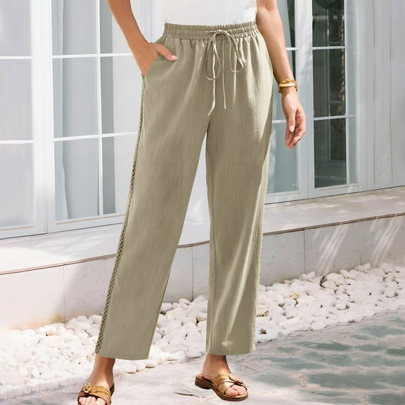 SELONE Casual Dress Pants Woman Mid Waist Plus Size Lounge Pants Cotton Linen Cropped Trouser Pants Beach Pants Pull on Solid Tapered Lightweight Comfortable Beige 3XL Tall Breathable Summer Clothes