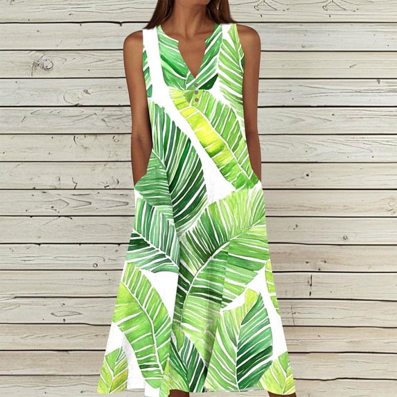 SELONE Casual Dresses for Women Beach Maxi Dresses with Pockets Sleeveless Printed Sundress Notch Collar Tank Dresses M