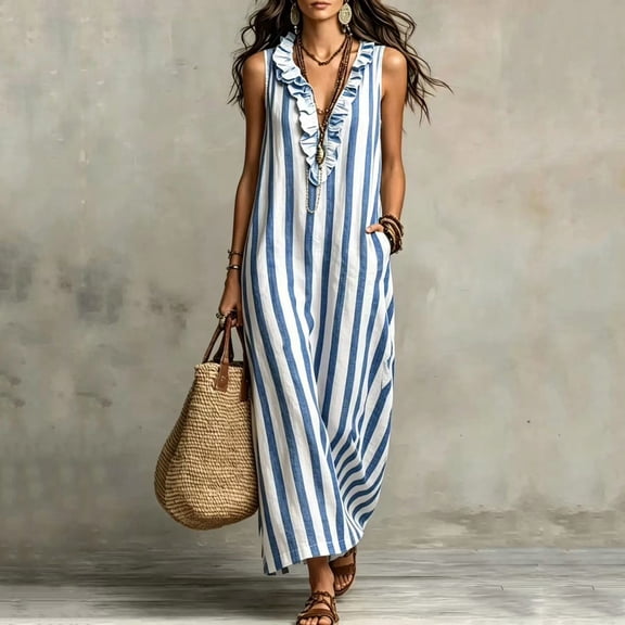 SELONE Casual Dresses for Women Ruffle Collar Hawaiian Maxi Dresses with Pockets s Sleeveless Sundress Vacation Outfits