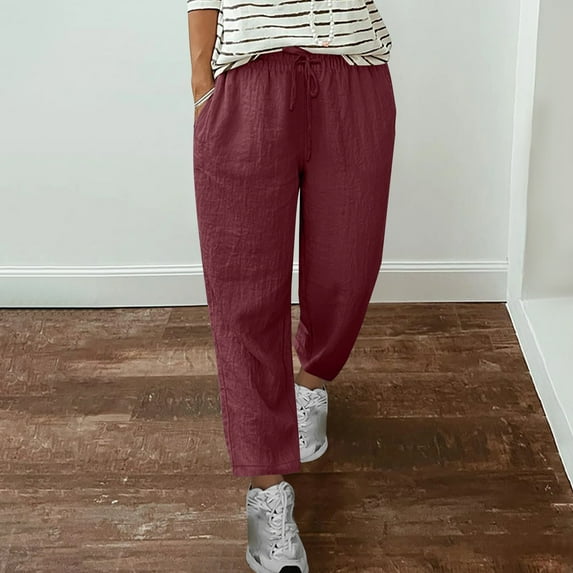 SELONE Casual Pants for Women Mid Waist Plus Size Lounge Pants Cotton Linen Cropped Trouser Pants Loose Long Beach Pants Pull on Solid Straight Lightweight Comfy Wine M Tall Breathable Summer Clothes