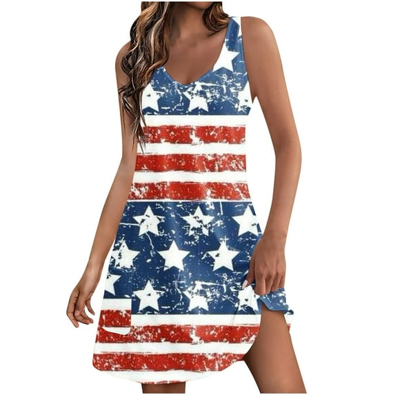 SELONE Casual Summer Dresses for Women 4th July Sleeveless V Neck Midi Independence Day Apparel Red White Blue Wear Clothes Gifts Activewear L