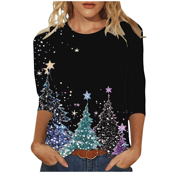 SELONE Christmas Clothes Women Long Sleeve Rund Neck Printed Tops Sweatshirts Multicolor M