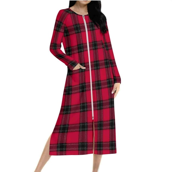 Lorytime Christmas Nightdress for Women Zipper Plaid Bathrobes Crewneck Long Sleeve Pajamas Raglan Sleepwear Red M
