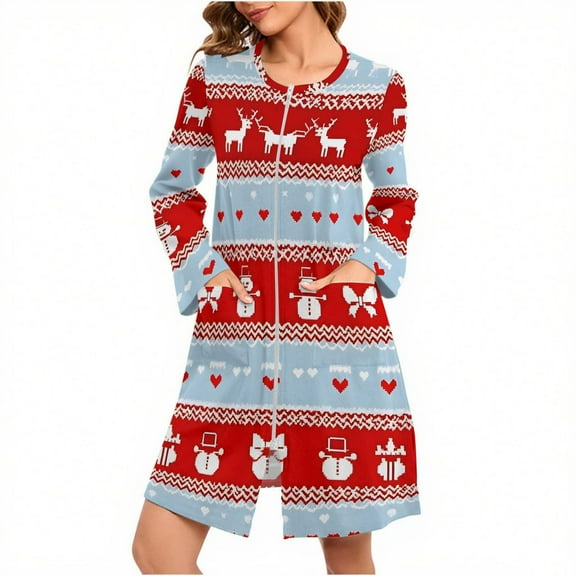 Lorytime Christmas Nightgowns for Womens Stripes Mid Bathrobes Crewneck Long Sleeve Sleepwear Holiday Loungewear Multicolor XL