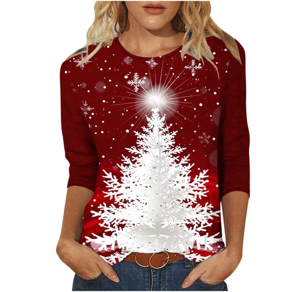 SELONE Christmas Shirts Plus Size for Women Red Long Sleeve Rund Neck Printed Tops Sweatshirts L