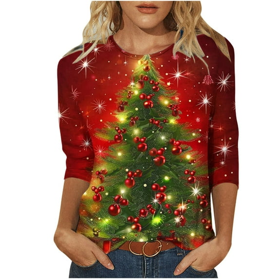 SELONE Christmas Shirts for Women Holiday 3/4 Sleeve Xmas Pullover Tops Christmas Tree Tees Blouses Christmas Themed Clothing Christmas Outfits Ideas Holiday Attire Party Collection Black S