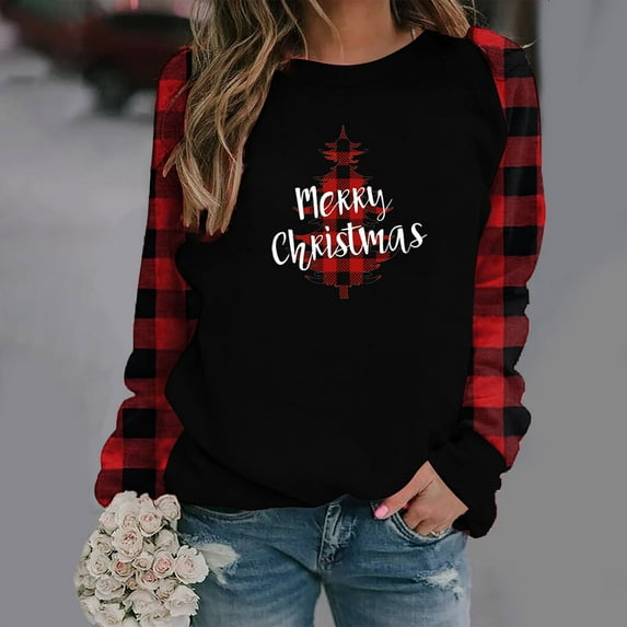 SELONE Christmas Shirts for Women Long Sleeve Xmas Pullover Tops Reindeer Tees Blouses Christmas Themed Clothing Christmas Outfits Ideas Holiday Attire Party Collection Xmas Apparel Red S