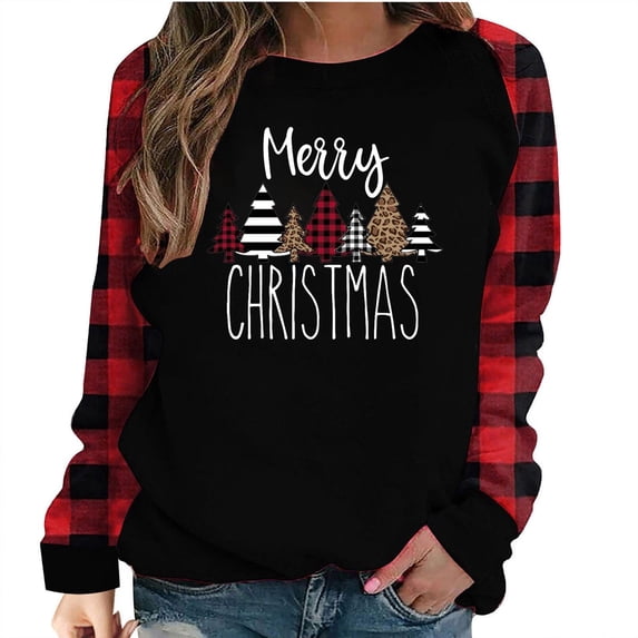 SELONE Christmas Shirts for Women Plus Size Long Sleeve Xmas Pullover Tops Christmas Tree Tees Blouses Plaid Christmas Themed Clothing Christmas Outfits Ideas Holiday Attire Red M