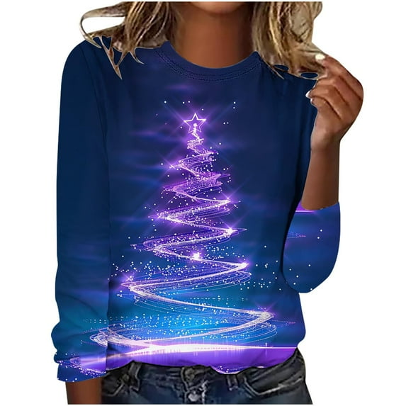 SELONE Christmas Shirts for Women Long Sleeve Christmas Lights Red Printed Crewneck Pullover Casual Tops L