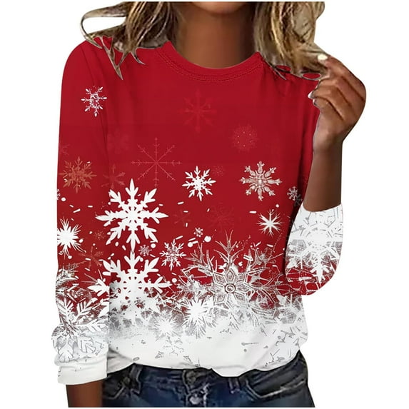 SELONE Christmas Shirts for Women Plus Size Red Long Sleeve Printed Crewneck Pullover Casual Tops L