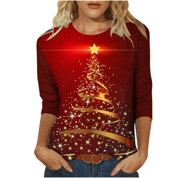 SELONE Christmas Shirts for Women Red Red Long Sleeve Rund Neck Printed Tops Sweatshirts XL