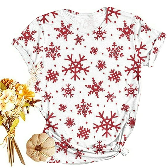 SELONE Christmas T Shirts Women Plus Size Short Sleeve Xmas Pullover Tops Snowflake Tees Blouses Christmas Themed Clothing Christmas Outfits Ideas Holiday Attire Party Collection White 5XL