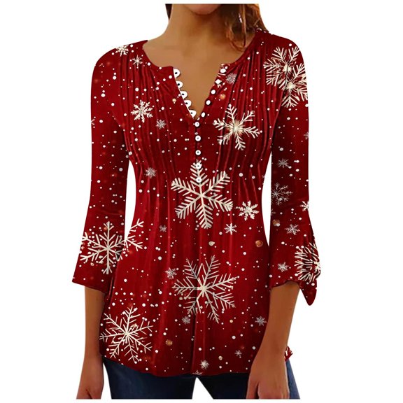 SELONE Christmas Tee Shirts Women Red Long Sleeve Xmas Printed Casual V Neck Pullover Tops M