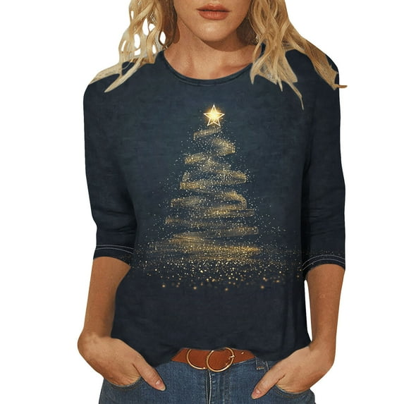 SELONE Christmas Tee Shirts Womens Plus 3/4 Sleeve Fashion Comfortable Crewneck Print Casual T-shirt Blouse Black XL