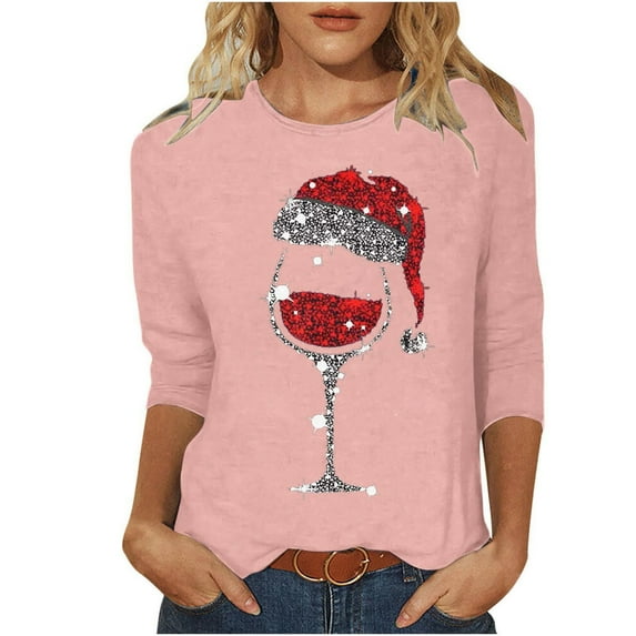 SELONE Christmas Tee Shirts Womens Plus Long Sleeve Xmas Print Crewneck 3/4 Sleeve T-shirt Crewneck Pullover Tops Crewneck Tops Shirt Pink S