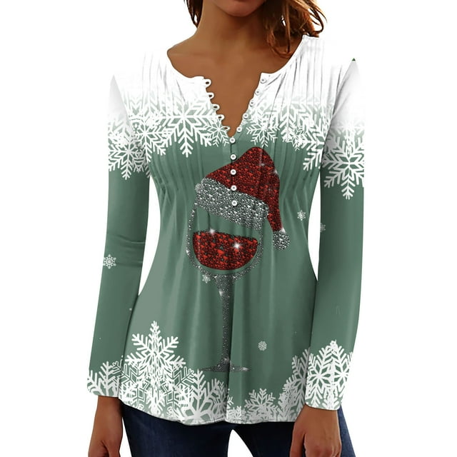 SELONE Christmas Tops for Plus Size Women Long Sleeve Xmas Pullover Tops Button Up Wine Glass Tees Blouses Christmas Themed Clothing Christmas Outfits Ideas Holiday Attire Green 2XL