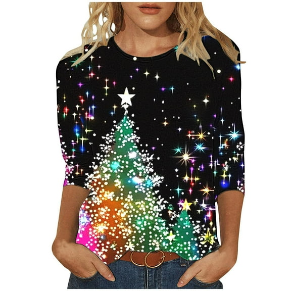 SELONE Christmas Tops for Women 3/4 Sleeve Xmas Pullover Tops Snowflake Tees Blouses Christmas Themed Clothing Christmas Outfits Ideas Holiday Attire Party Collection Xmas Apparel Blue XL