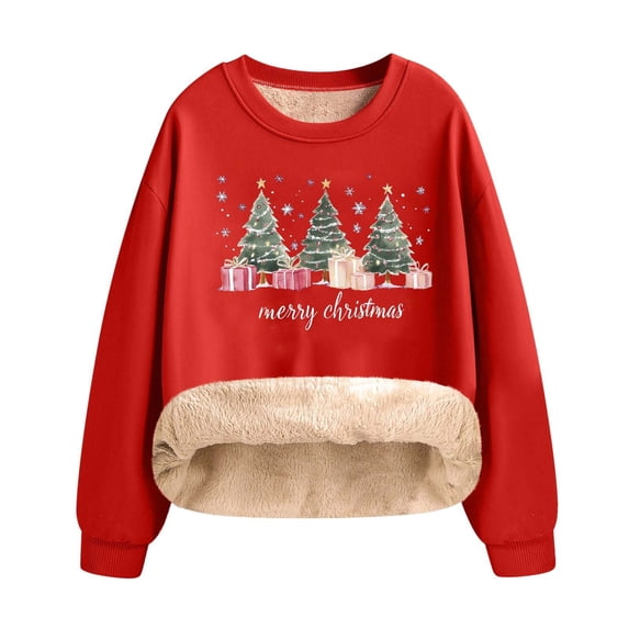 SELONE Christmas Womens Crewneck Sweatshirt Oversized Christmas Tree Fleece Pullover Long Sleeve Shirt Loose Outerwear