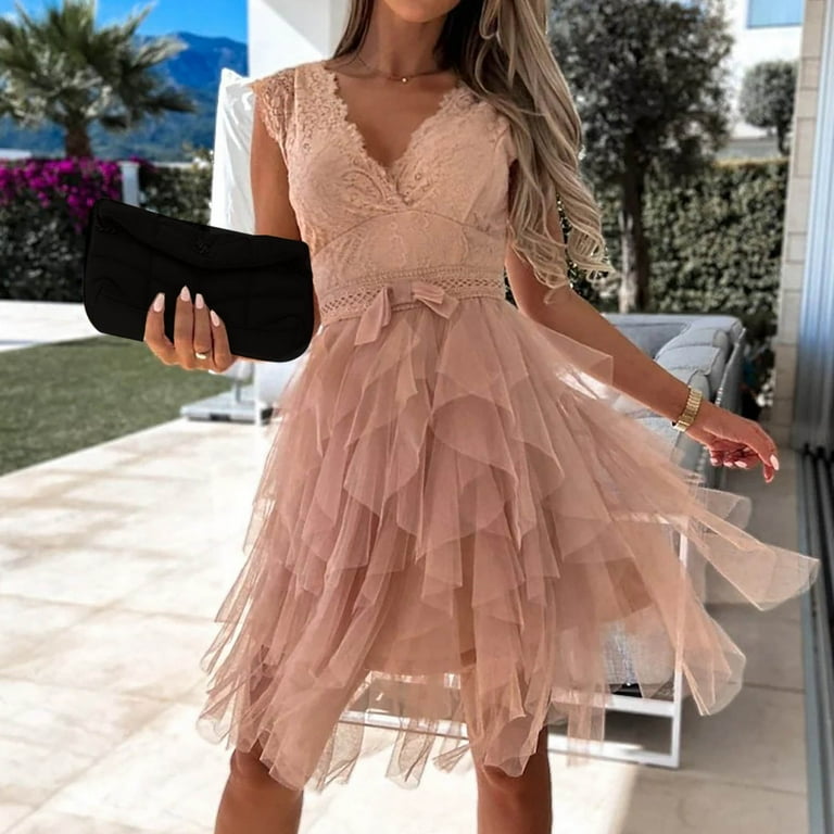 SELONE Cocktail Dresses for Women Summer Beach Floral Flower Wrap Flowy Mini Lace Short Sleeve Ruffle Solid Embroidery Crew Neck Elastic Waist Sun Gift for Wedding Evening Party Graduation Pink XL