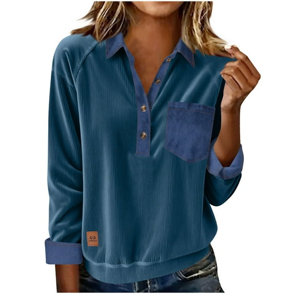 SELONE Collar Button up Shirt Women Sweatshirts Long Sleeved Denim Patchwork Pullover with Pocket Color Block Outerwear