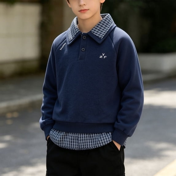 SELONE Collared Shirt Boys Long Sleeve Button Pullover Tops Patchwork Plaid Sweatshirts Fall Campus Clothes 2-12Y