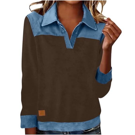 SELONE Collared Sweatshirts for Older Women Denim Patchwork Tops Long Sleeved Casual Shirt Color Block Pullover Brown S