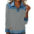 thumbnail image 1 of SELONE Collared Sweatshirts for Older Women Denim Patchwork Tops Long Sleeved Casual Shirt Color Block Pullover Gray XL, 1 of 8